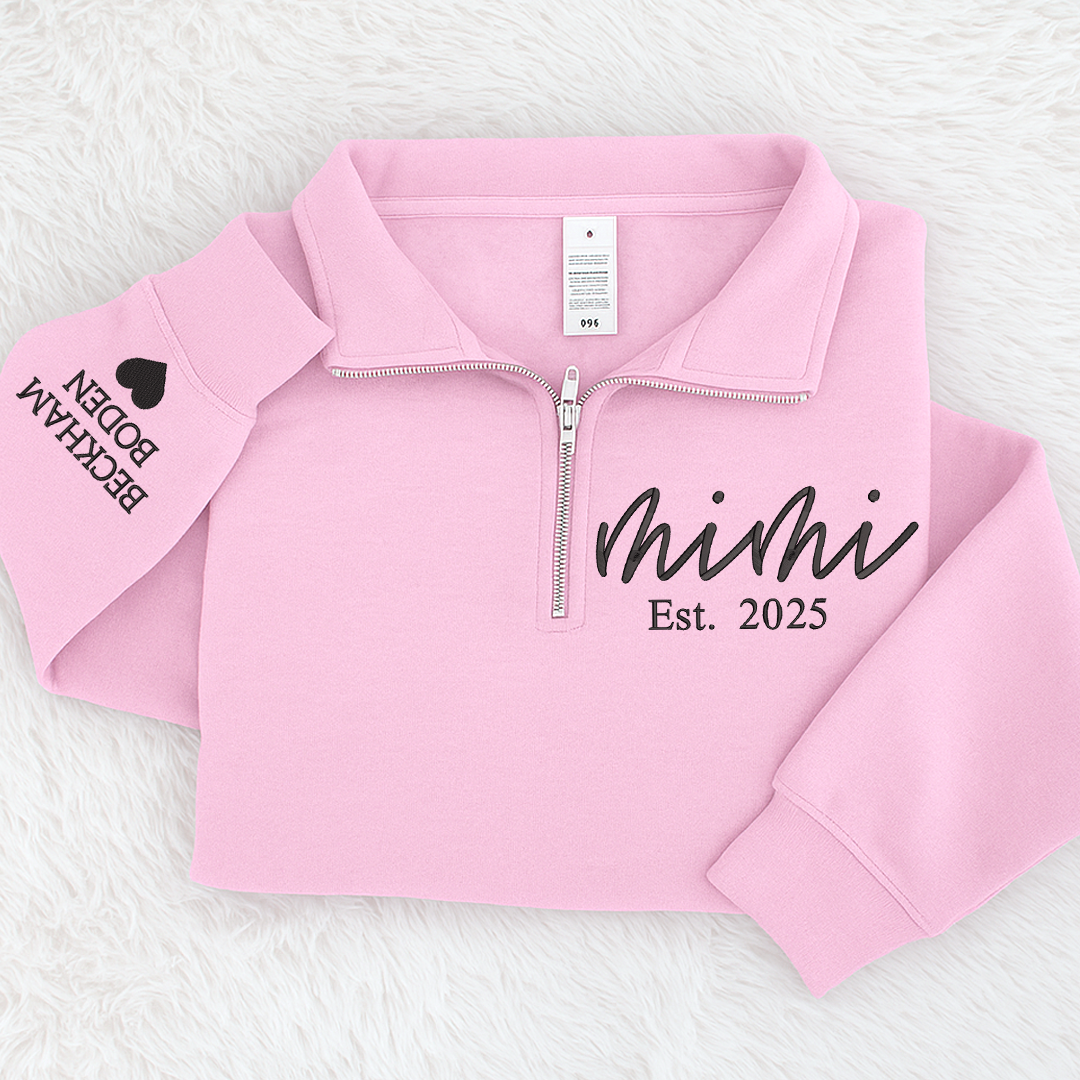 Mimi est Sweatshirt, Grandma And Grandkids Embroidered Quarter Zip Sweater