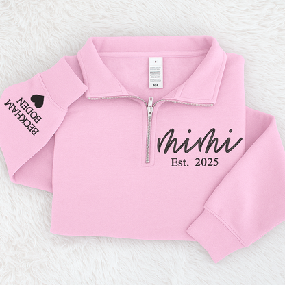 Mimi est Sweatshirt, Grandma And Grandkids Embroidered Quarter Zip Sweater