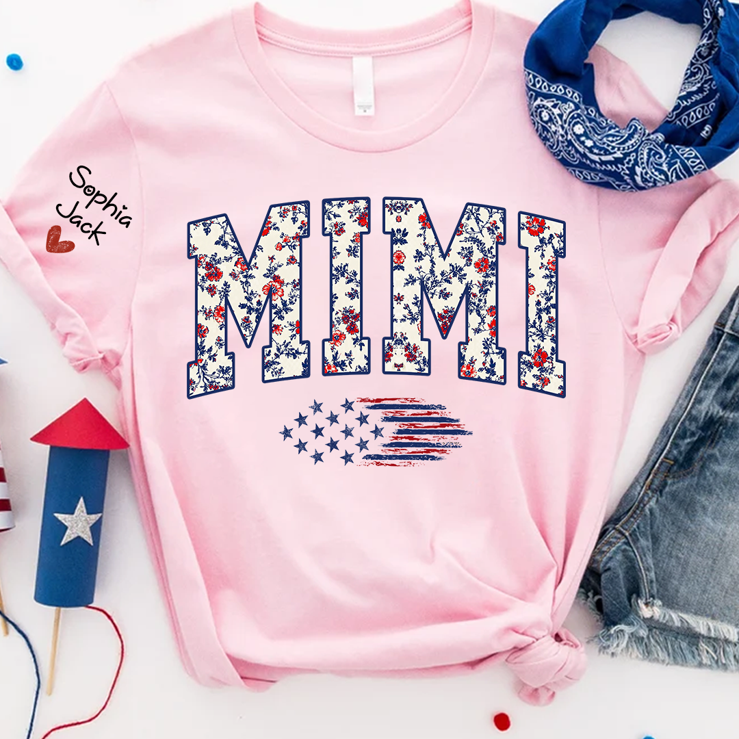 Personalized Floral Mimi Flag American T-shirt - Custom Family Nickname Shirt with USA Flag Design for 4th of July, Perfect for Nana, Gigi, Grandma