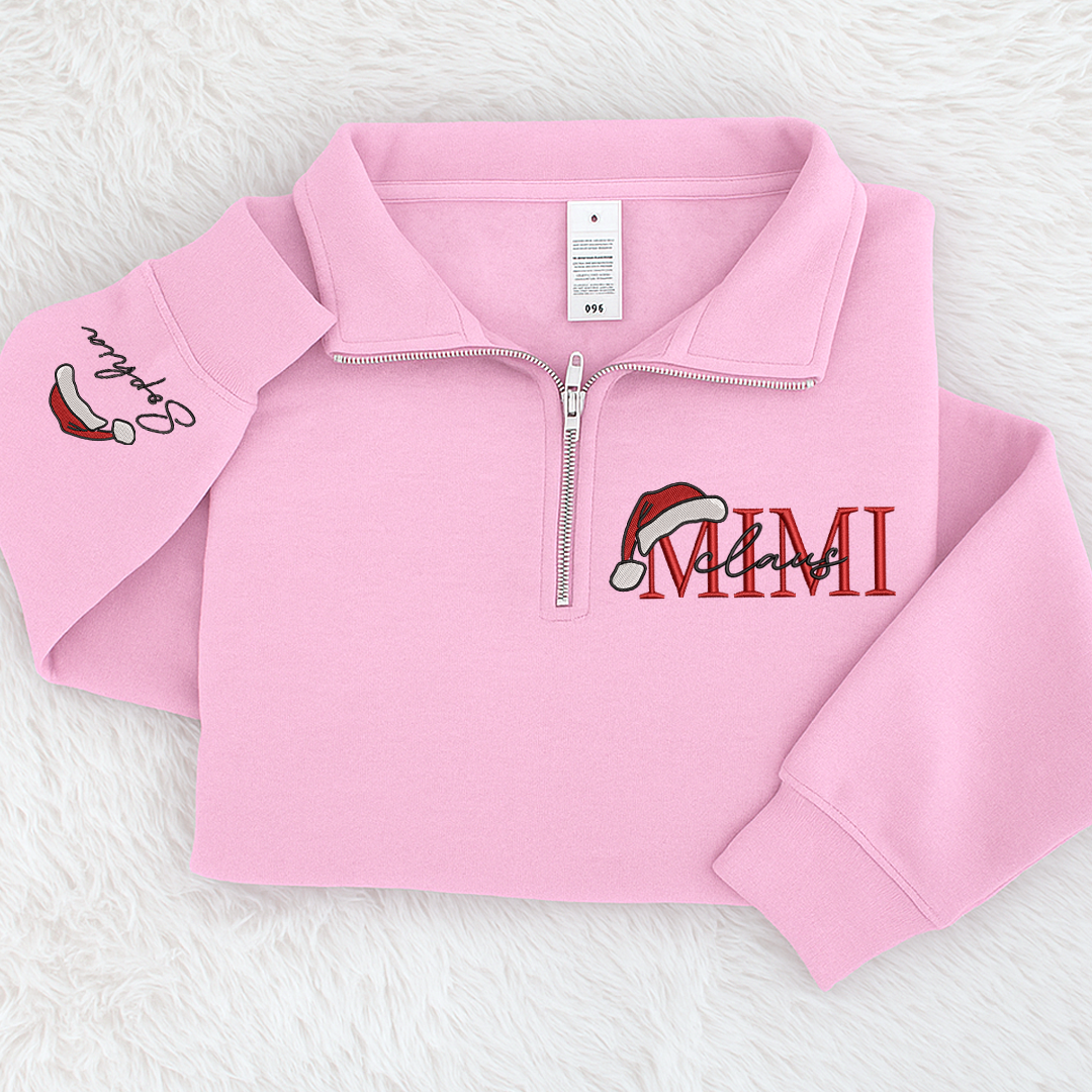 Mimi Claus Sweatshirt, Grandma And Grandkids Embroidered Quarter Zip Sweater