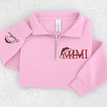 Mimi Claus Sweatshirt, Grandma And Grandkids Embroidered Quarter Zip Sweater