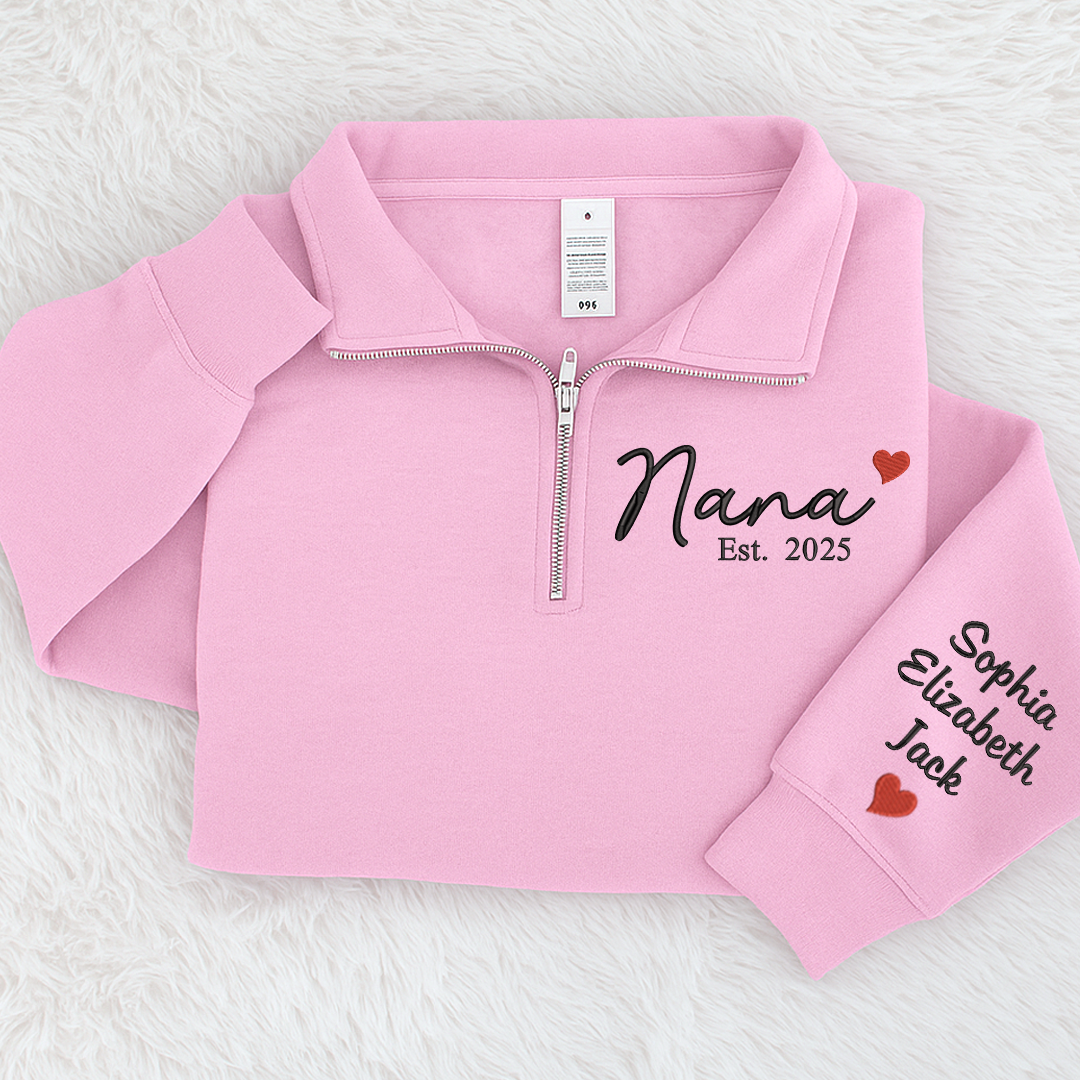 Nana Heart Sweatshirt, Personalized Nana And Grandkids Embroidered Quarter Zip Sweater