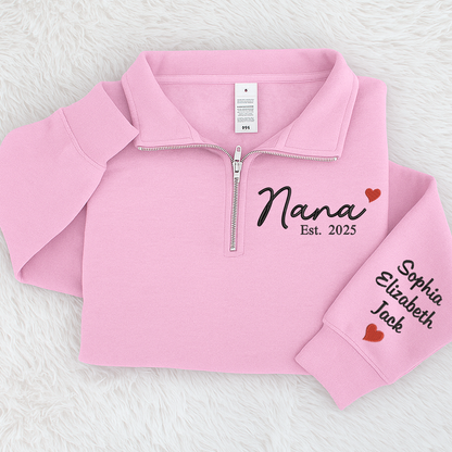 Nana Heart Sweatshirt, Personalized Nana And Grandkids Embroidered Quarter Zip Sweater