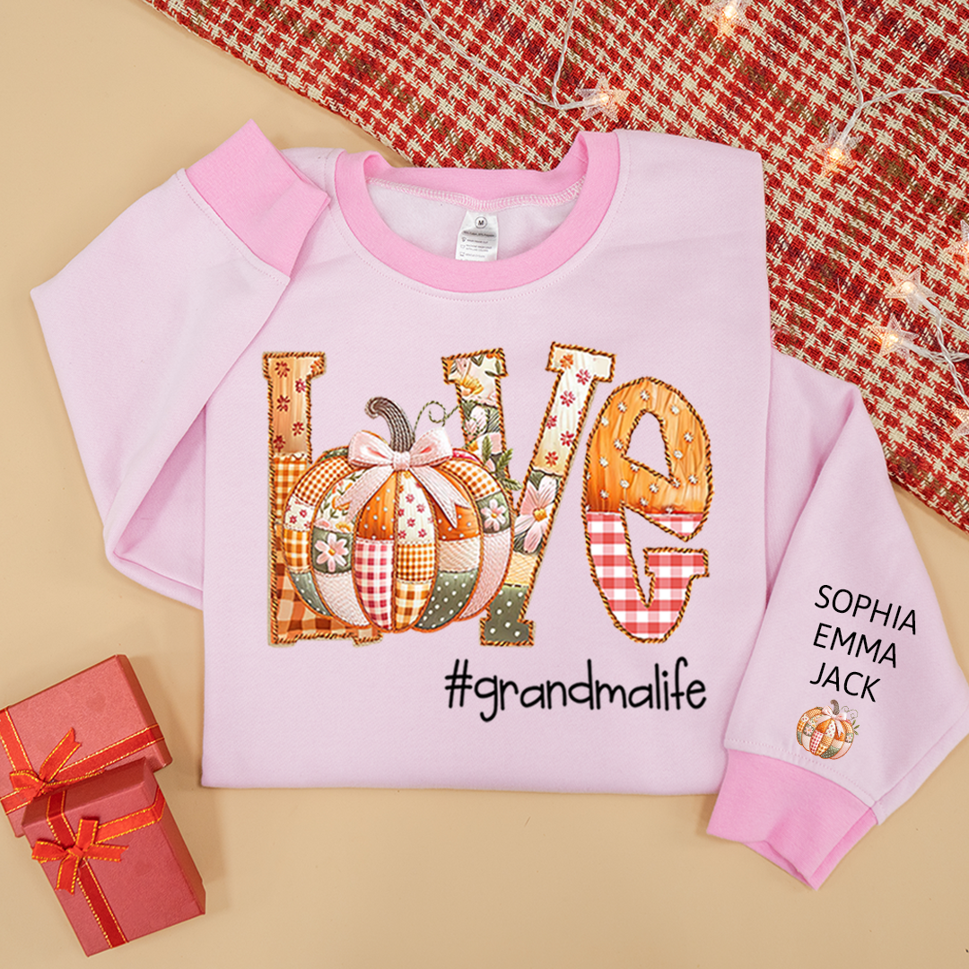 Personalized Love Grandmalife Pumpkin Patchwork Fall with Grandkids Names, Holiday Design, Cozy Family Gift for Grandma Sweatshirt Mix