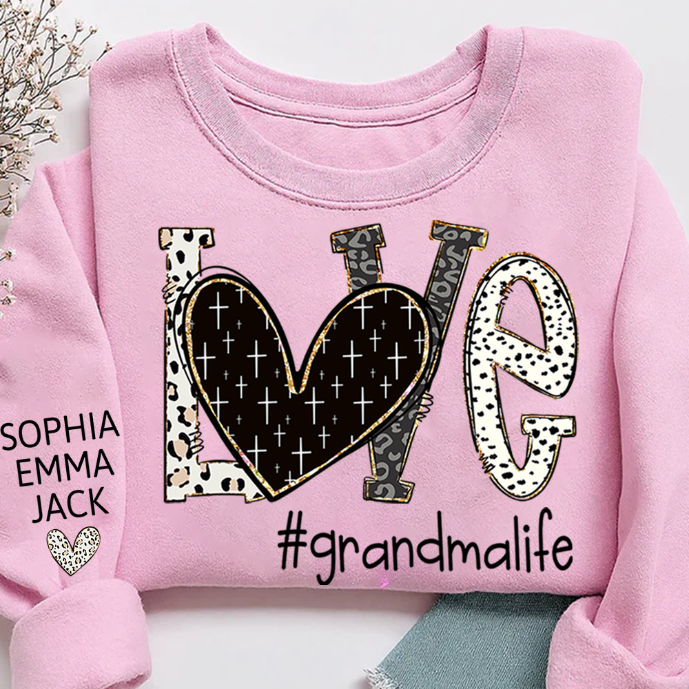 Personalized Love grandmalife Sweatshirt Bible Style Design & Custom Grandkids Names on Sleeve Sweatshirt