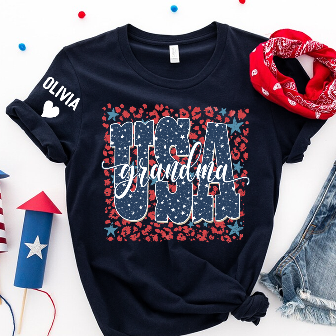 Preppy 4TH Of July Leopard Mimi Nana Grandma Patriotic America T-Shirt
