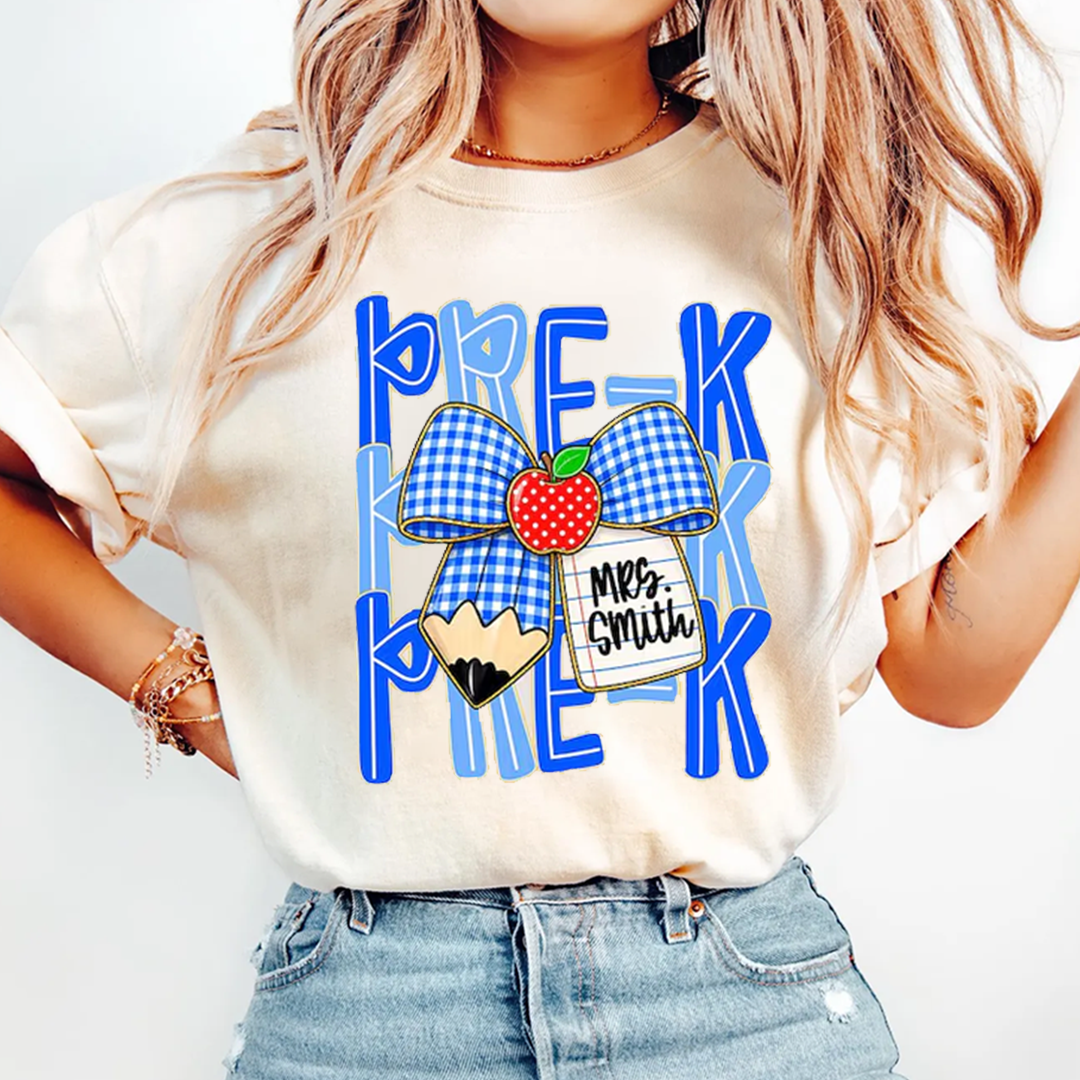 Preppy Back To School, Blue Gingham Pencil Bow, Custom Teacher Team,  Pre-K To Fourth Grade Team