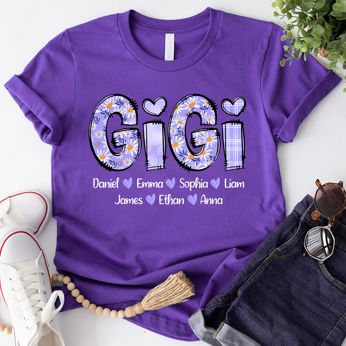 Custom Nana Gigi Purple Daisy With Grandkids Mother's Day T-Shirt