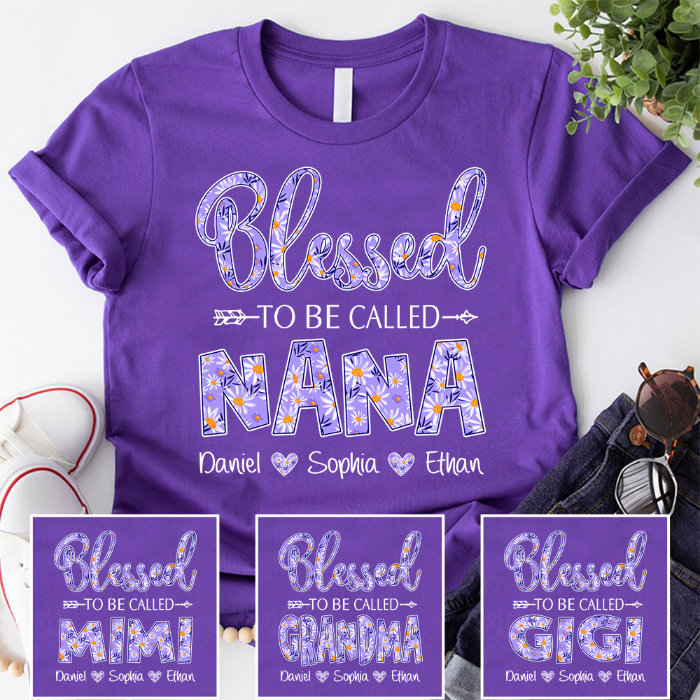 Blessed to Be Called Nana Shirt, Personalized Grandma T Shirt with Grandkids Names, Purple Floral Design
