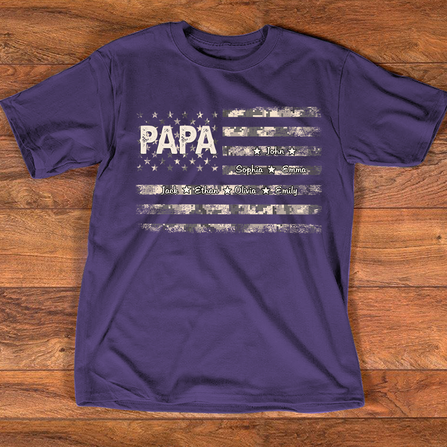 Personalized Papa American Flag Shirt with Kids Names, Custom Grandpa Patriotic Family Shirt, Vintage USA Flag Papa Grandpa Shirt for Fathers Day Birthday Gift