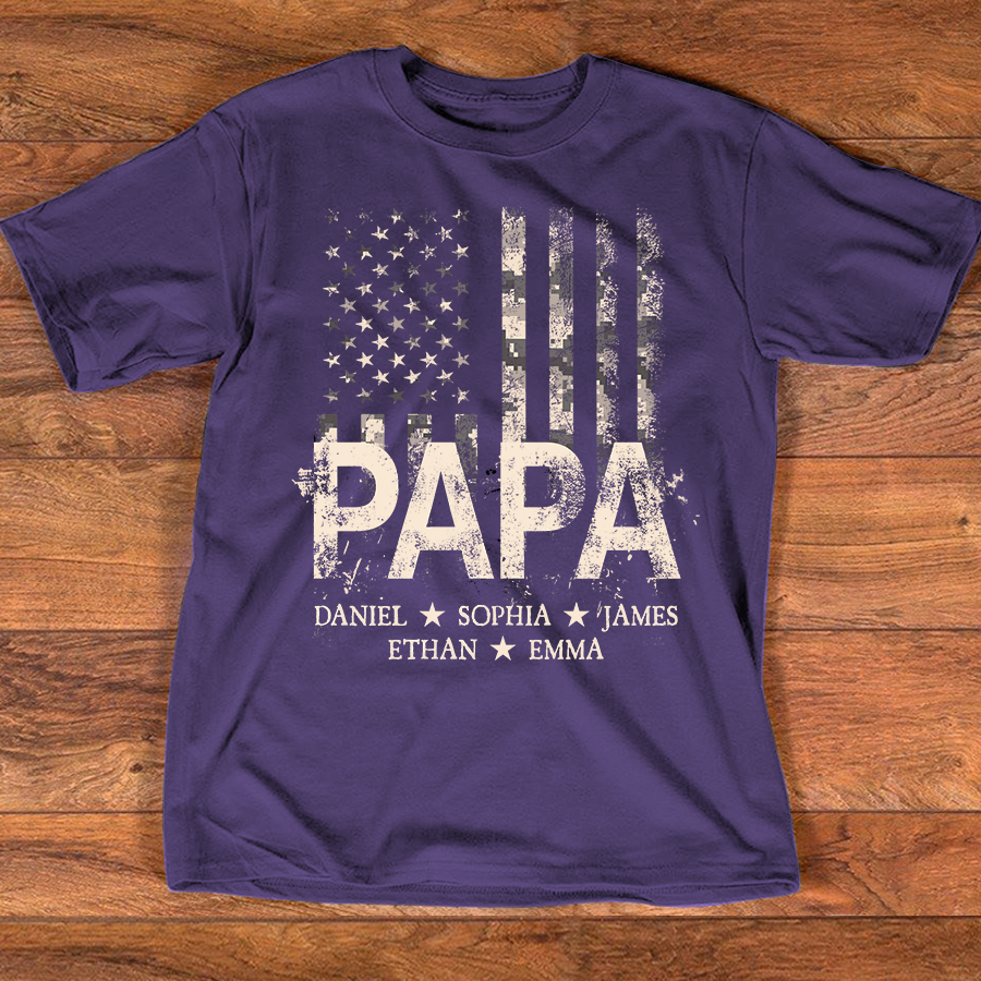 Personalized Papa American Flag Shirt, Custom Kids Names Patriotic T Shirt for Dad Grandpa, U.S. 250th Anniversary 4th of July Birthday Gift