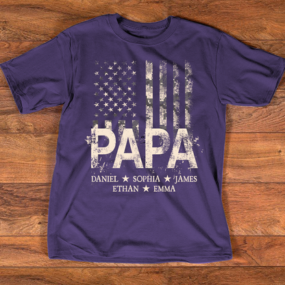 Personalized Papa American Flag Shirt, Custom Kids Names Patriotic T Shirt for Dad Grandpa, U.S. 250th Anniversary 4th of July Birthday Gift