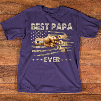 Personalized Best Papa Ever Shirt, Custom Fist Bump Family Names Tee for Papa Grandpa Dad, Patriotic American Flag Fathers Day Shirt