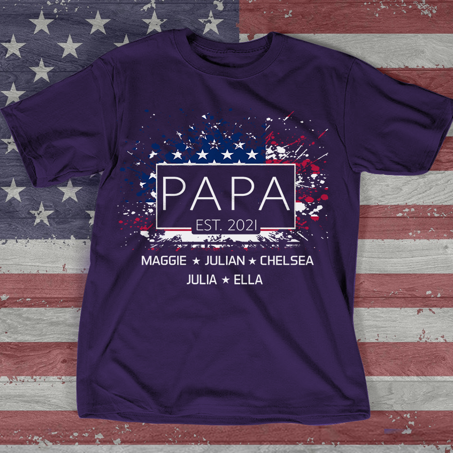 Personalized Papa Est T-shirt, Custom Papa with Grandkids US Flag American Independence Day T-Shirt, Custom Father's Day Shirt