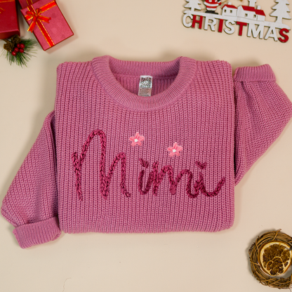 Hands Embroidery Women's Flower Block Short Sweater, Hand Embroidered Custom Name Sweater ,Oversized Sweater, Embroidered Name Sweater
