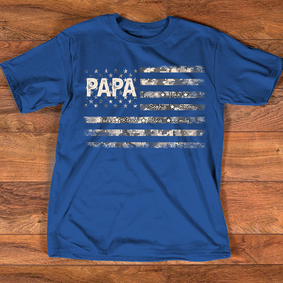 Personalized Papa American Flag Shirt with Kids Names, Custom Grandpa Patriotic Family Shirt, Vintage USA Flag Papa Grandpa Shirt for Fathers Day Birthday Gift