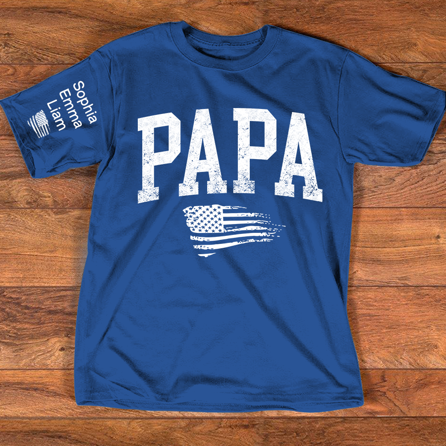 Personalized Papa Shirt with Grandkids Names, Patriotic Flag Custom Sleeve Tee, Fathers Day Birthday Gift for Grandpa