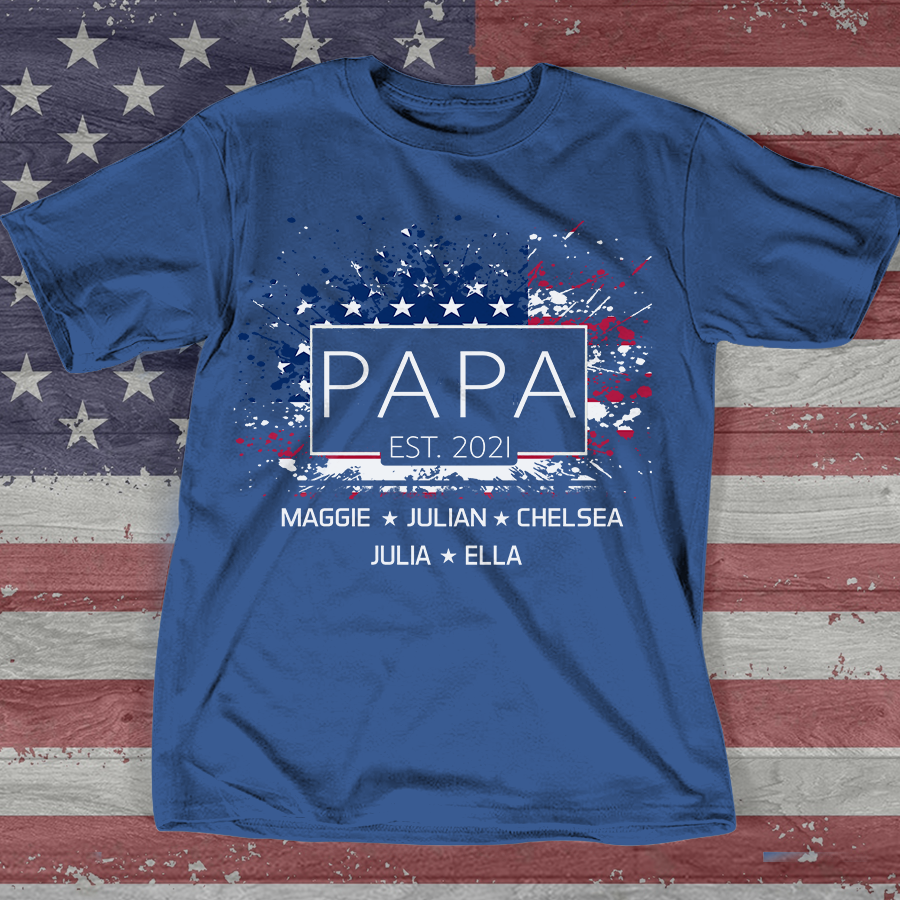 Personalized Papa Est T-shirt, Custom Papa with Grandkids US Flag American Independence Day T-Shirt, Custom Father's Day Shirt
