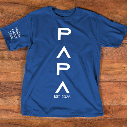 Personalized Papa Shirt with Kids Names on Sleeve, Minimalist Vertical Papa Design Tee, Custom Grandpa Family T Shirt, Gift for Father Day Birthday