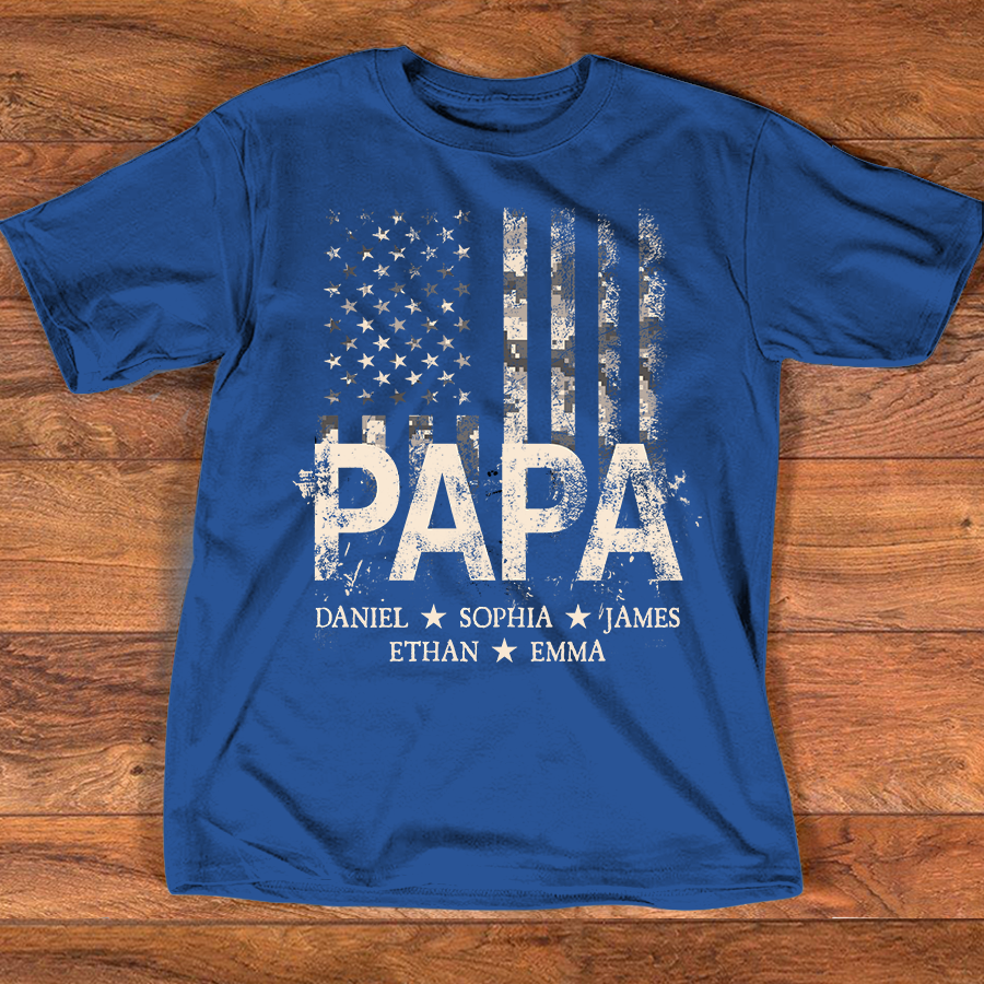 Personalized Papa American Flag Shirt, Custom Kids Names Patriotic T Shirt for Dad Grandpa, U.S. 250th Anniversary 4th of July Birthday Gift