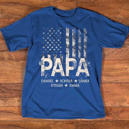 Personalized Papa American Flag Shirt, Custom Kids Names Patriotic T Shirt for Dad Grandpa, U.S. 250th Anniversary 4th of July Birthday Gift