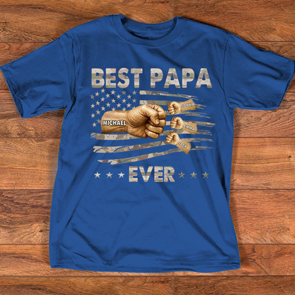 Personalized Best Papa Ever Shirt, Custom Fist Bump Family Names Tee for Papa Grandpa Dad, Patriotic American Flag Fathers Day Shirt
