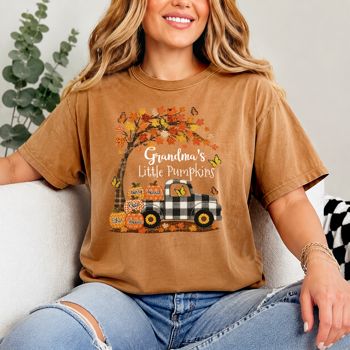 Custom Patchwork Grandma Pumpkin Shirt, Personalized Nana Mimi Tractor Fall Shirt with Kids Names