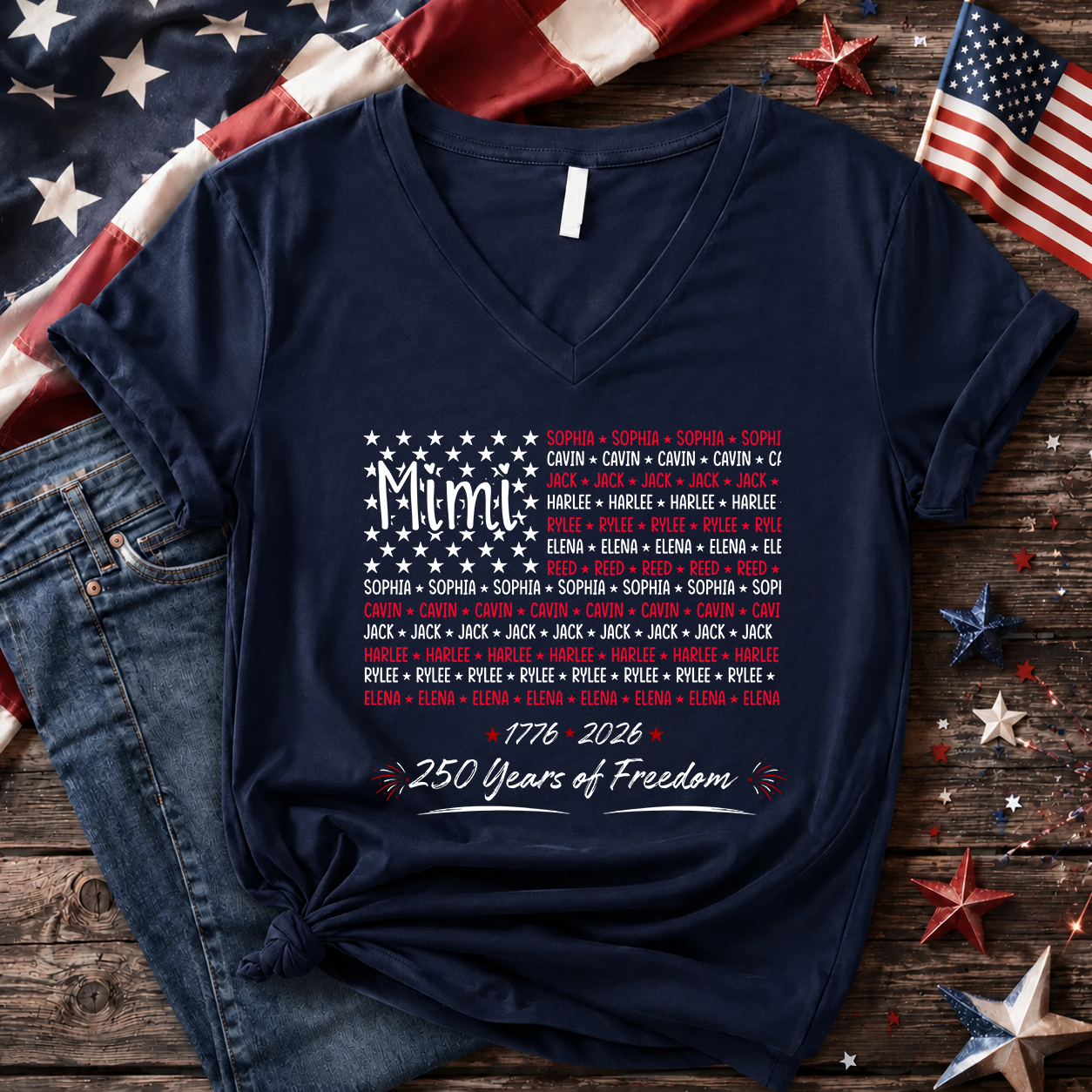 Personalized Mimi American Flag Shirt with Grandkids Names, Comfort Colors® USA 250th Anniversary Patriotic Shirt, Custom Grandma 1776-2026 Family Tee
