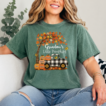 Custom Patchwork Grandma Pumpkin Shirt, Personalized Nana Mimi Tractor Fall Shirt with Kids Names