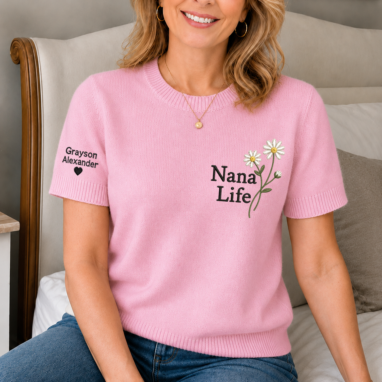 Custom Embroidered Knit Nana Life Sweater – Personalized Daisy Floral Crewneck with Sleeve Name