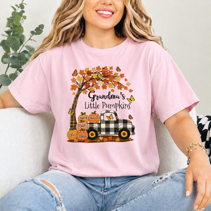 Custom Patchwork Grandma Pumpkin Shirt, Personalized Nana Mimi Tractor Fall Shirt with Kids Names