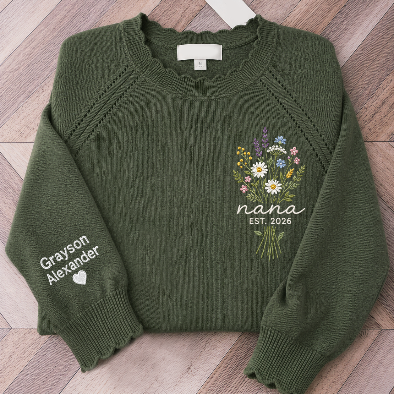 Custom Embroidered Knit Nana Sweater – Personalized Wildflower Bouquet EST. 2026 Crewneck with Sleeve Name
