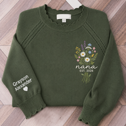 Custom Embroidered Knit Nana Sweater – Personalized Wildflower Bouquet EST. 2026 Crewneck with Sleeve Name