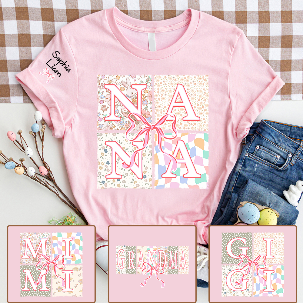 Personalized Nana Easter Shirt, Custom Grandma Shirt With Grandkids Names, Floral Bunny Patchwork Design