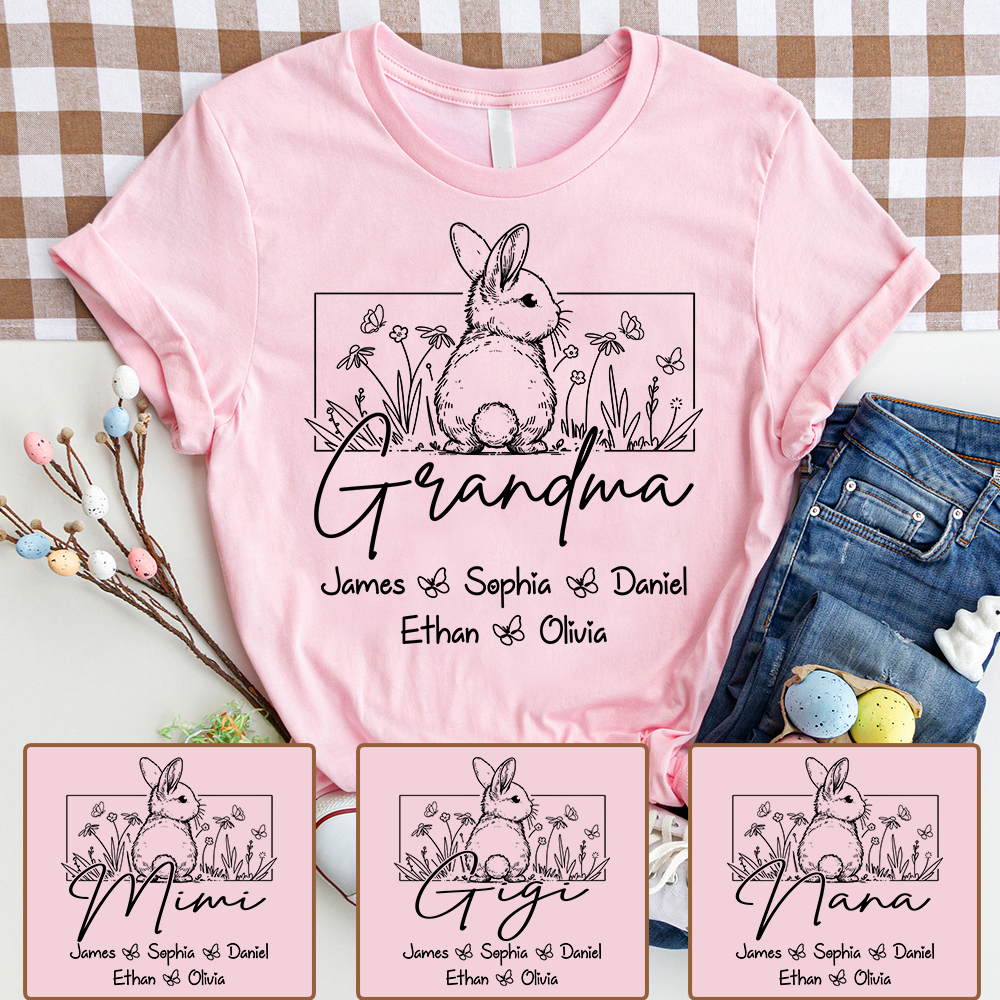 Personalized Grandma Bunny Shirt With Grandkids Names, Custom Easter Grandma Line Art T Shirt