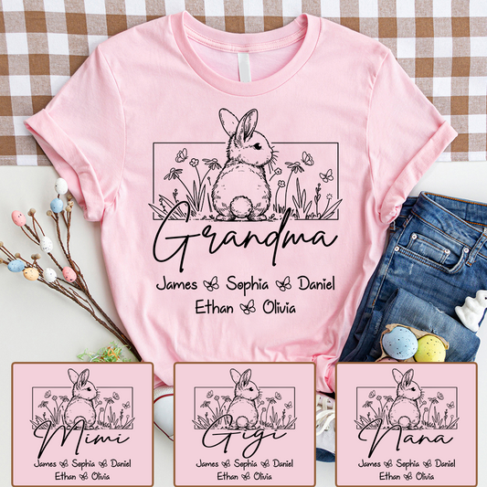 Personalized Grandma Bunny Shirt With Grandkids Names, Custom Easter Grandma Line Art T Shirt