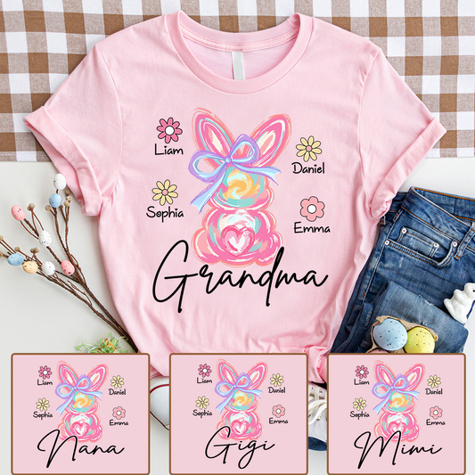 Custom Grandma T Shirt Bunny Design, Personalized Floral Shirt With Children Names