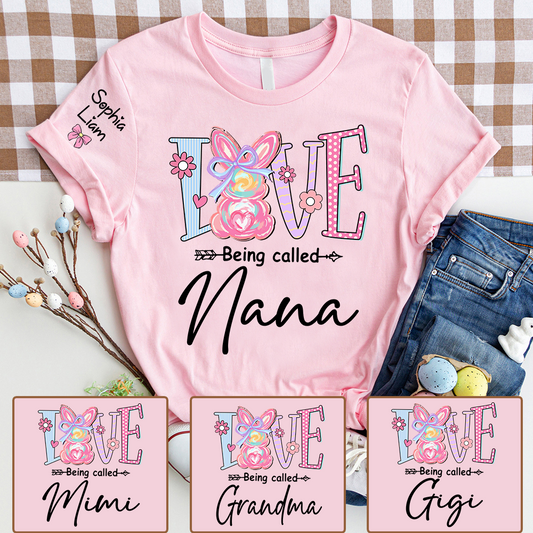 Love Being Called Nana Shirt Personalized, Custom Bunny Grandma Tee with Grandchild Name