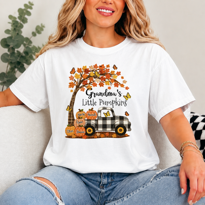 Custom Patchwork Grandma Pumpkin Shirt, Personalized Nana Mimi Tractor Fall Shirt with Kids Names