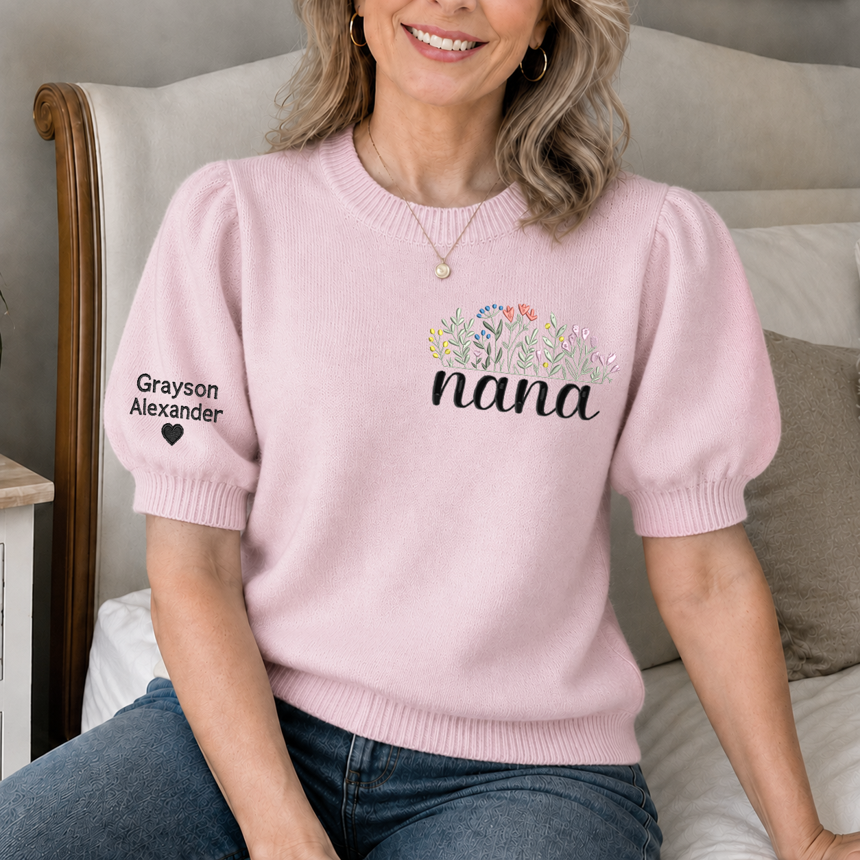 Embroidered Nana Wildflower Knit Sweater, Personalized Puff Sleeve Crewneck, Custom Sleeve Personalization, Nana Gift