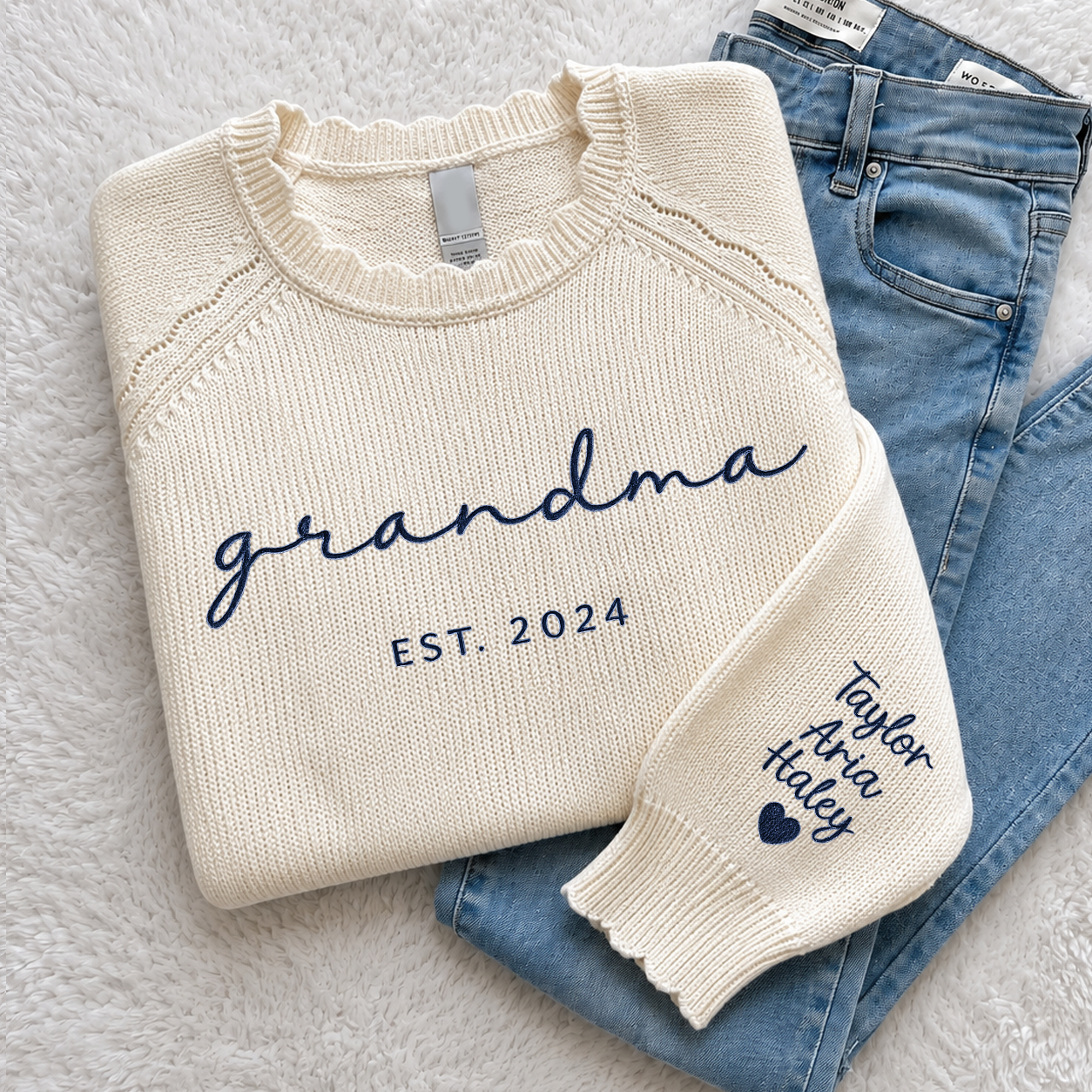 Custom Embroidered Grandma Knit Sweater – Personalized EST. 2026 Crewneck with Sleeve Names