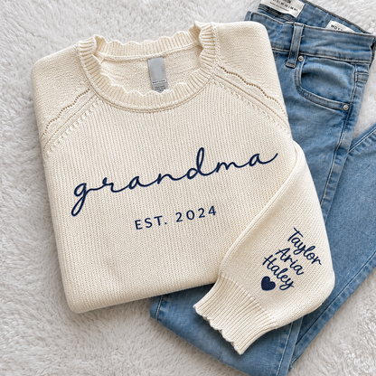 Custom Embroidered Grandma Knit Sweater – Personalized EST. 2026 Crewneck with Sleeve Names