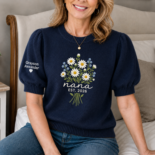 Custom Embroidered Knit Nana Sweater – Personalized Floral EST. 2026 Crewneck with Sleeve Name