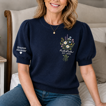 Custom Embroidered Knit Nana Sweater – Personalized Wildflower Bouquet EST. 2026 Crewneck with Sleeve Name