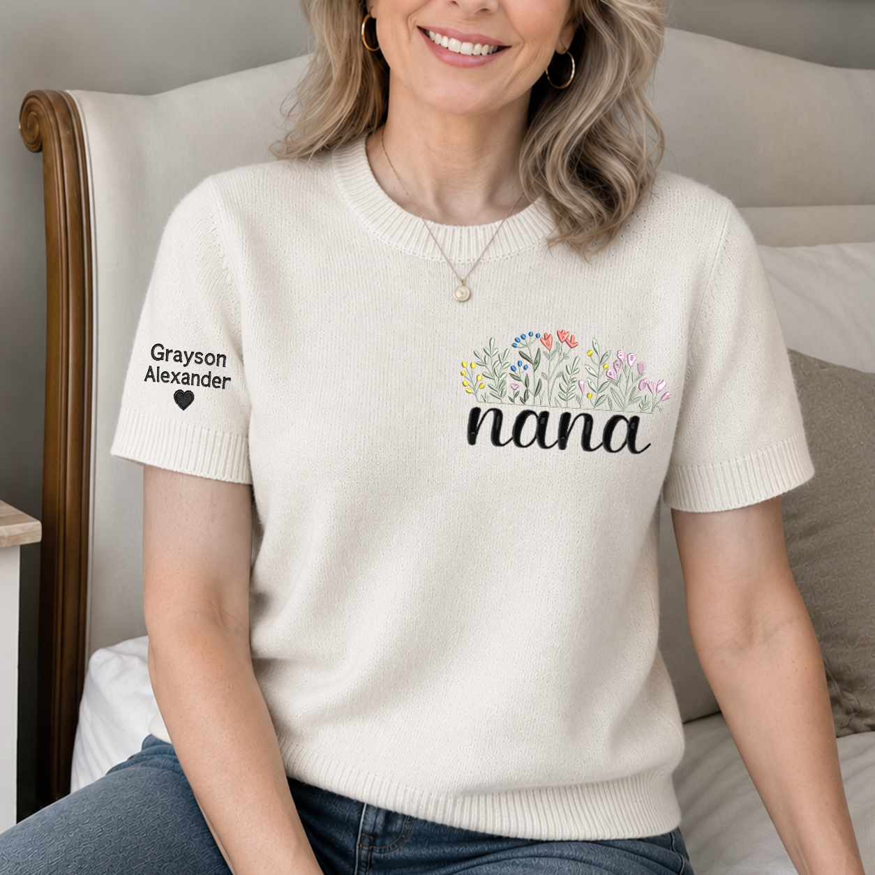 Embroidered Nana Wildflower Knit Sweater, Personalized Puff Sleeve Crewneck, Custom Sleeve Personalization, Nana Gift
