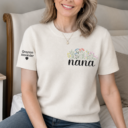 Embroidered Nana Wildflower Knit Sweater, Personalized Puff Sleeve Crewneck, Custom Sleeve Personalization, Nana Gift