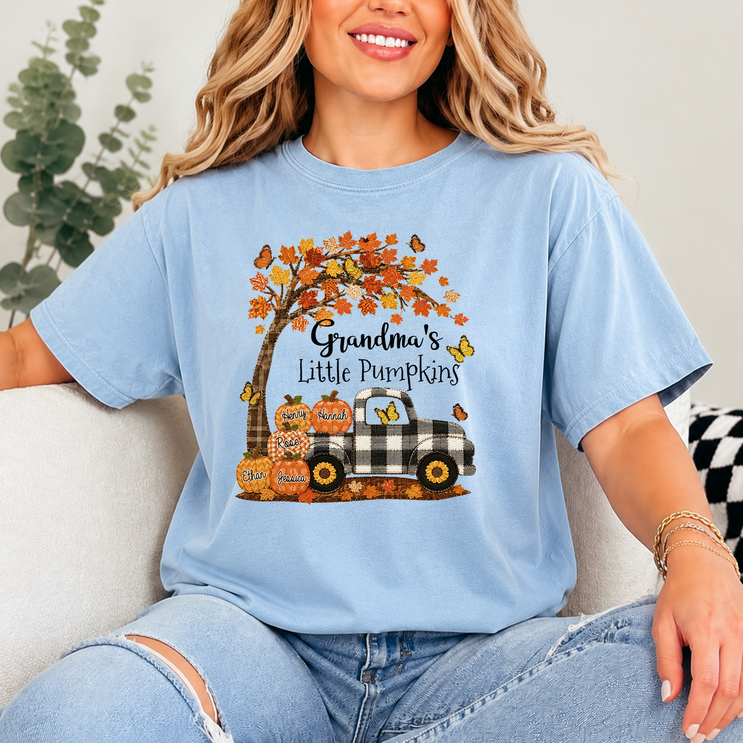 Custom Patchwork Grandma Pumpkin Shirt, Personalized Nana Mimi Tractor Fall Shirt with Kids Names