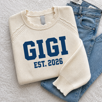 Personalized Mimi EST. 2026 Knit Sweater – Custom Name Cozy Crewneck Pullover Gift