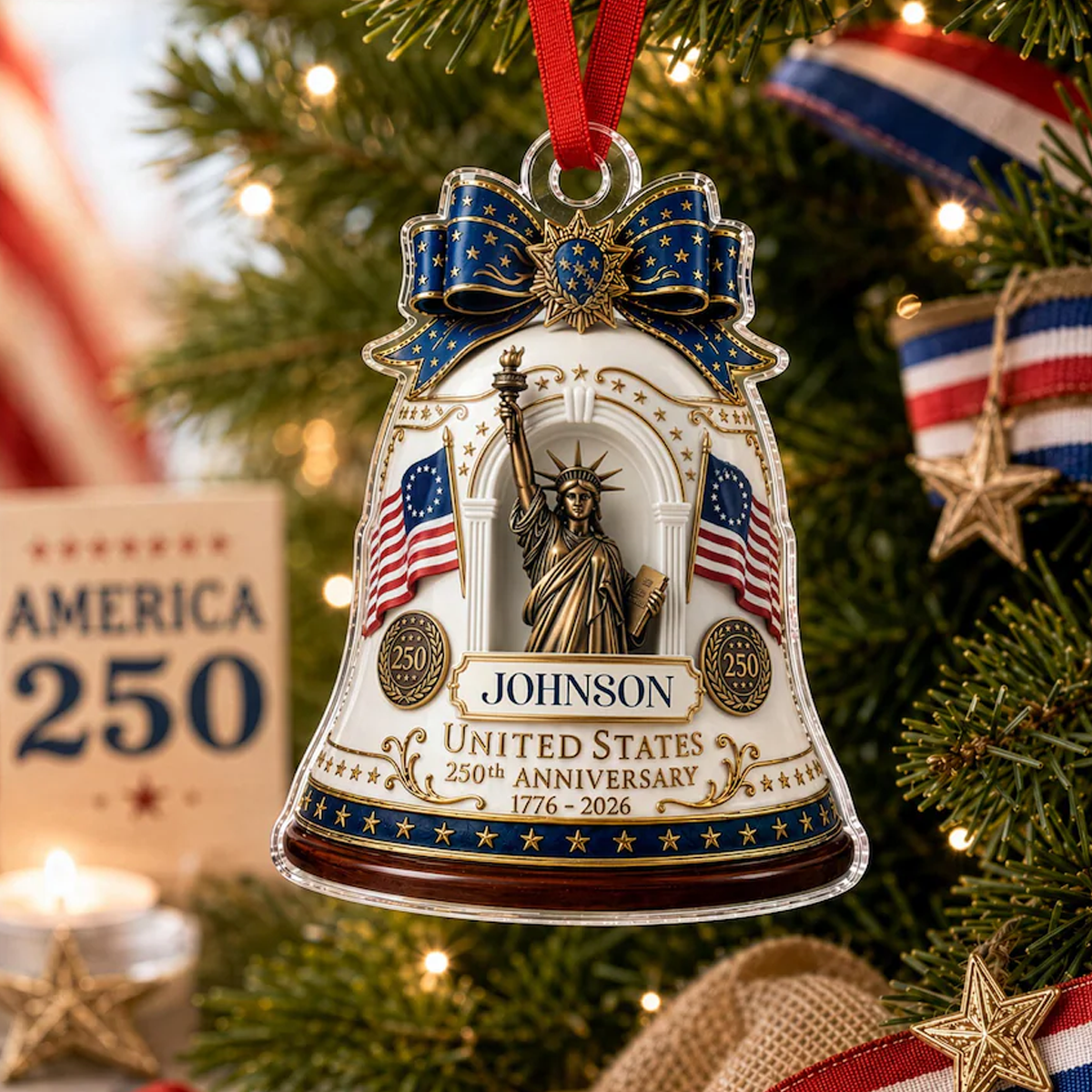Personalized 250th Anniversary USA Ornament, Custom Family Name Patriotic Acrylic Keepsake, 1776-2026 America Holiday Decor Gift