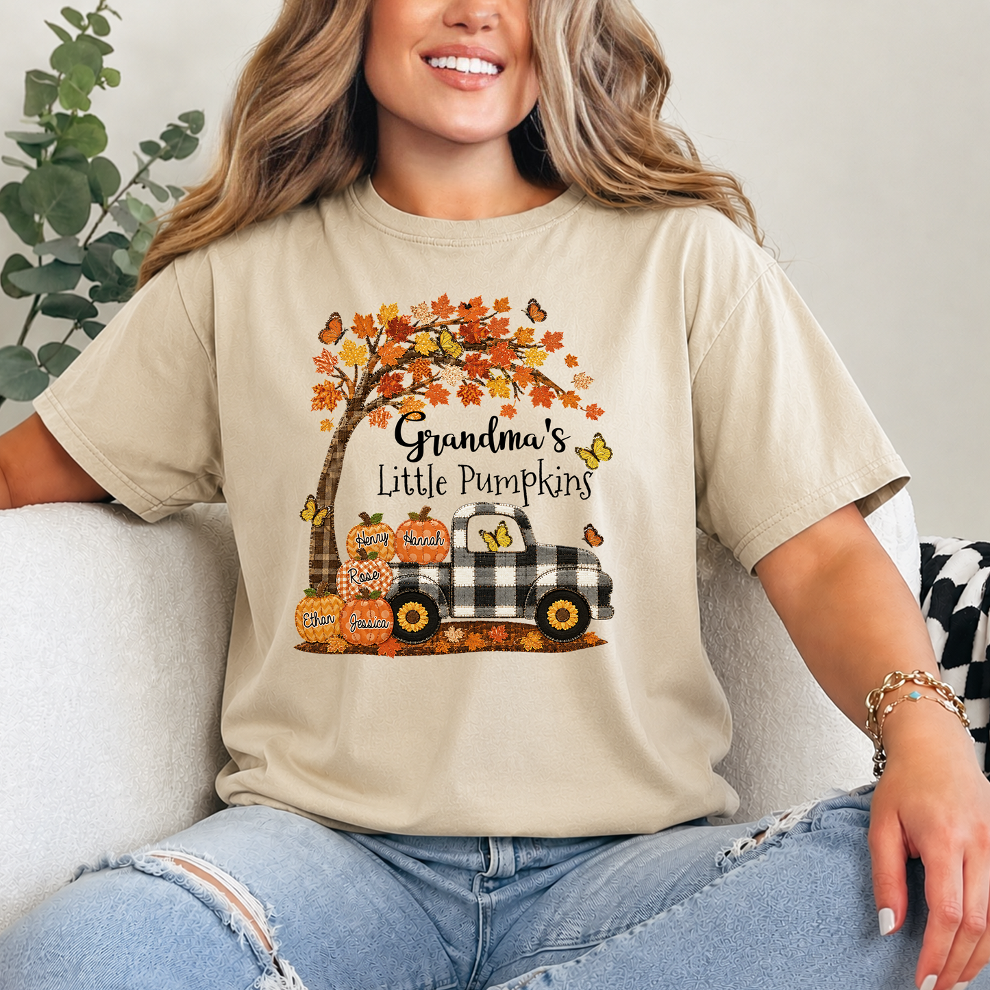 Custom Patchwork Grandma Pumpkin Shirt, Personalized Nana Mimi Tractor Fall Shirt with Kids Names